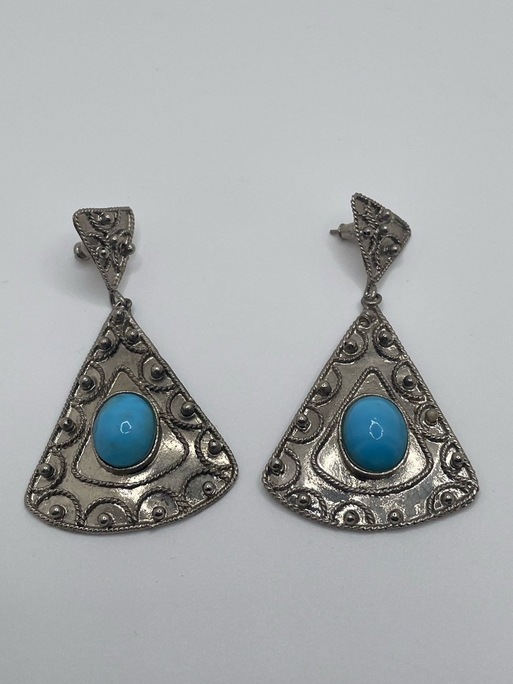 Vintage Silver Tone Blue Cabochon Geometric Triangle Dangle Statement Earrings
